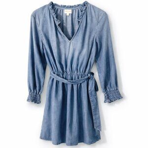 Cloth & Stone Denim Shirt Dress Belted V Neck Long Sleeve Blue Size M